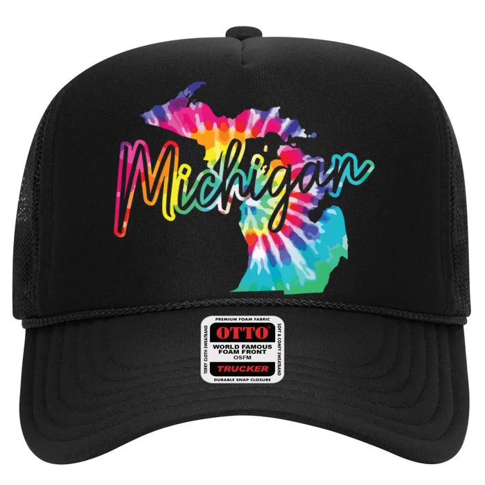 Michigan Tie Dye State Map Pride Hippie Vintage Retro High Crown Mesh Trucker Hat