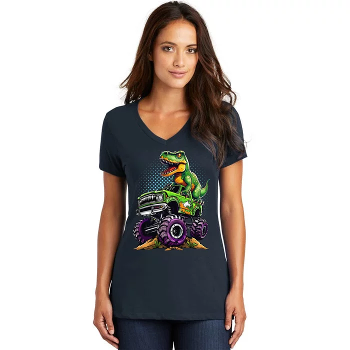 Monster Truck Dinosaur Trex Birthday Boy Women's V-Neck T-Shirt