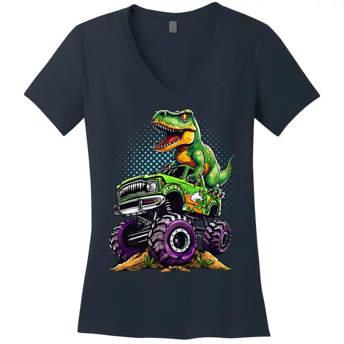 Monster Truck Dinosaur Trex Birthday Boy Women's V-Neck T-Shirt