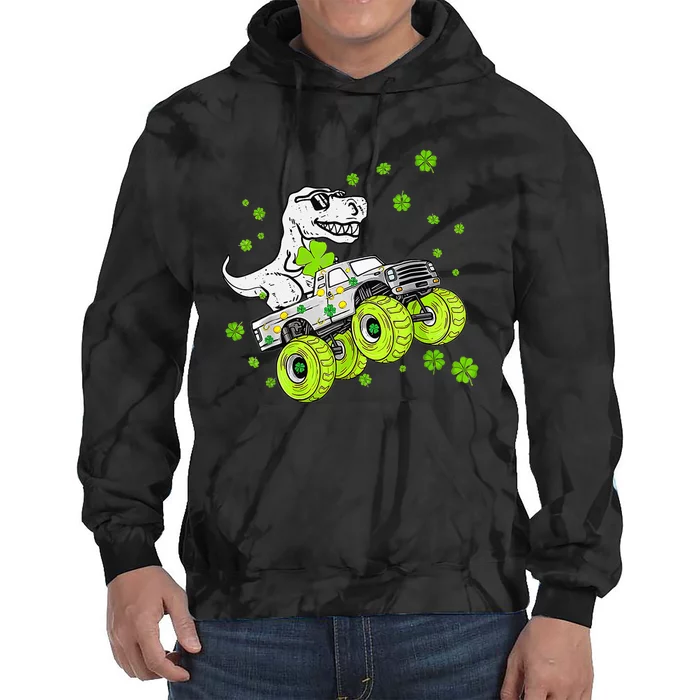 Monster Truck Dino With Clover Leaf St. Patrick's Day Tie Dye Hoodie