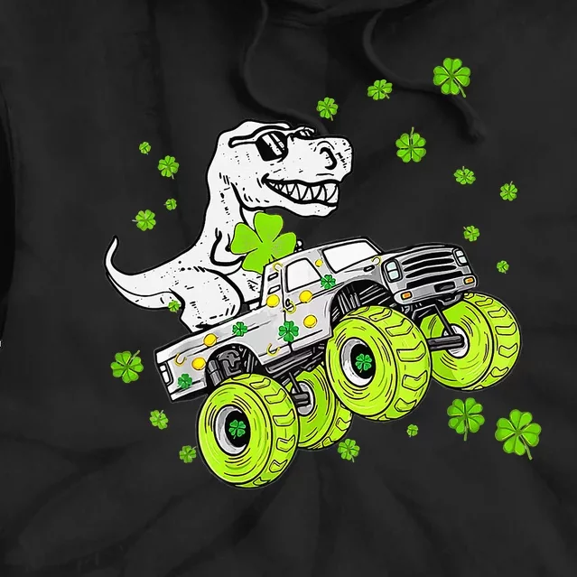 Monster Truck Dino With Clover Leaf St. Patrick's Day Tie Dye Hoodie