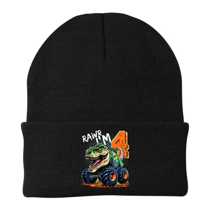 Monster Truck Dinosaur T Rex 4th Birthday Boy 4 Year Old Knit Cap Winter Beanie