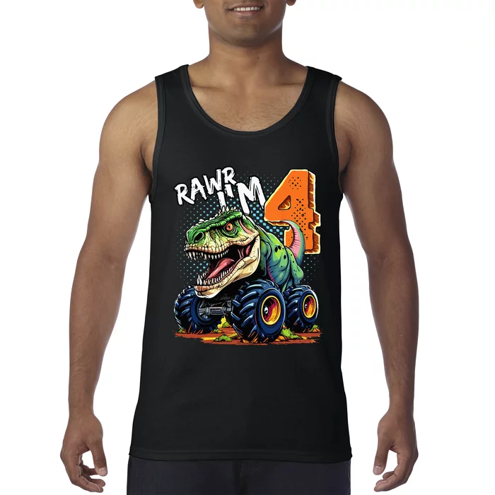 Monster Truck Dinosaur T Rex 4th Birthday Boy 4 Year Old Tank Top