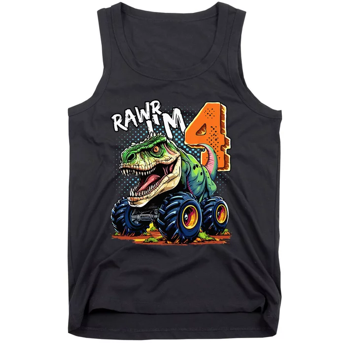 Monster Truck Dinosaur T Rex 4th Birthday Boy 4 Year Old Tank Top