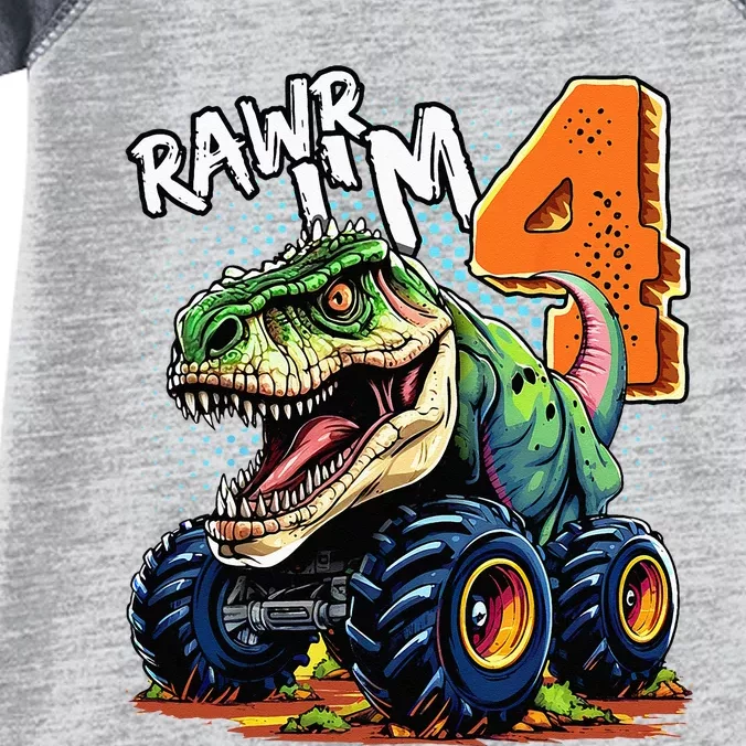 Monster Truck Dinosaur T Rex 4th Birthday Boy 4 Year Old Infant Baby Jersey Bodysuit