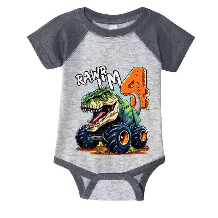 Monster Truck Dinosaur T Rex 4th Birthday Boy 4 Year Old Infant Baby Jersey Bodysuit