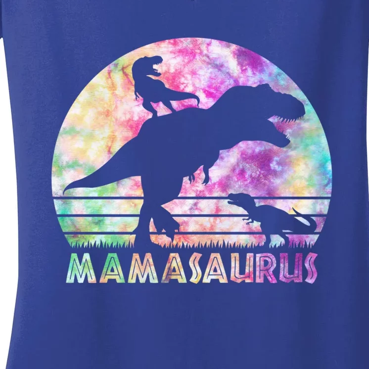 Mamasaurus Tie Dye Sunset Funny Dinosaur Mother Of 2 Gift Women's V-Neck T-Shirt