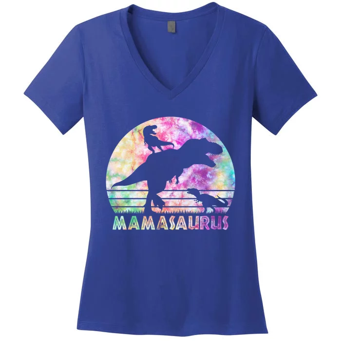 Mamasaurus Tie Dye Sunset Funny Dinosaur Mother Of 2 Gift Women's V-Neck T-Shirt