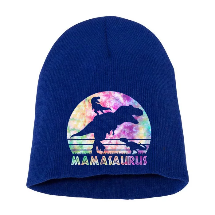 Mamasaurus Tie Dye Sunset Funny Dinosaur Mother Of 2 Gift Short Acrylic Beanie