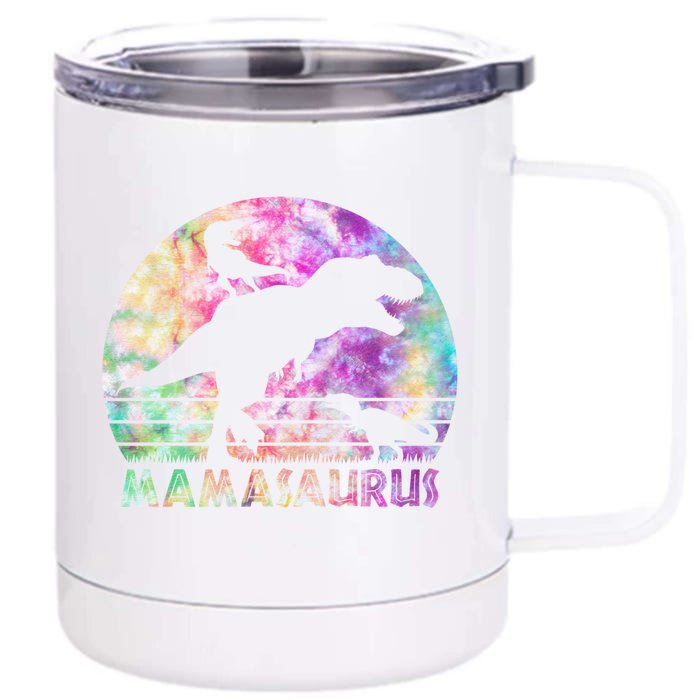 Mamasaurus Tie Dye Sunset Funny Dinosaur Mother Of 2 Gift Front & Back 12oz Stainless Steel Tumbler Cup