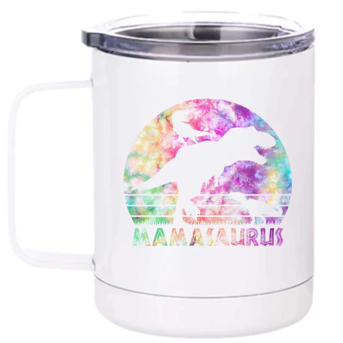 Mamasaurus Tie Dye Sunset Funny Dinosaur Mother Of 2 Gift Front & Back 12oz Stainless Steel Tumbler Cup