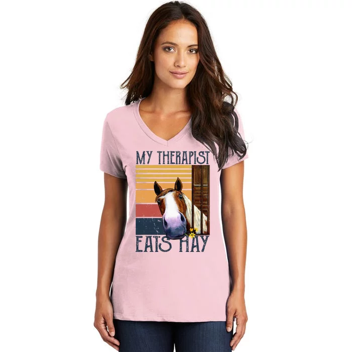 My Therapist Eats Hay Funny Horse Lover Horse Riders Women's V-Neck T-Shirt