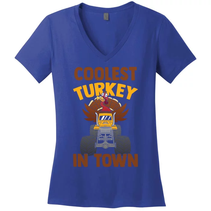 Monster Truck Funny Coolest Turkey In Town Thanksgiving Gift Women's V-Neck T-Shirt