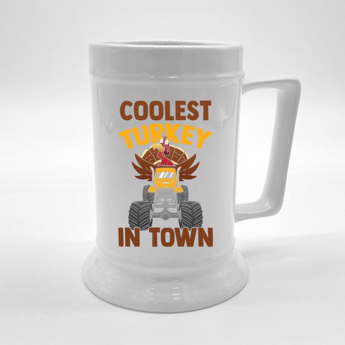 Monster Truck Funny Coolest Turkey In Town Thanksgiving Gift Front & Back Beer Stein