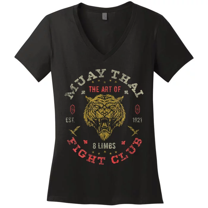 Muay Thai Fighter Vintage Tee Twin Tiger Art Of 8 Limbs Women's V-Neck T-Shirt