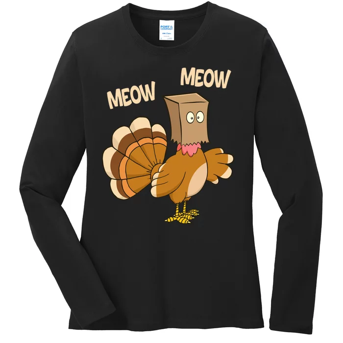 Meow Turkey Funny Thanksgiving Ladies Long Sleeve Shirt