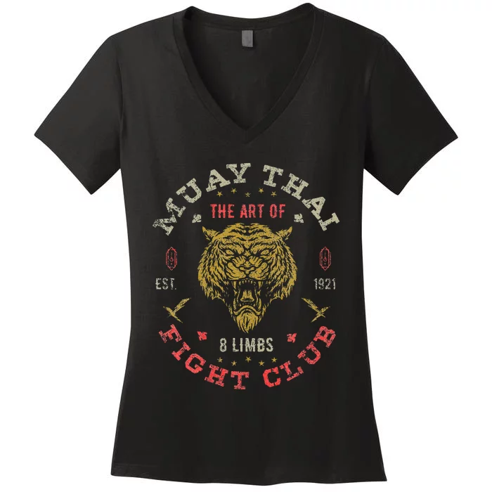 Muay Thai Fighter Vintage Twin Tiger Art Of 8 Limbs Women's V-Neck T-Shirt