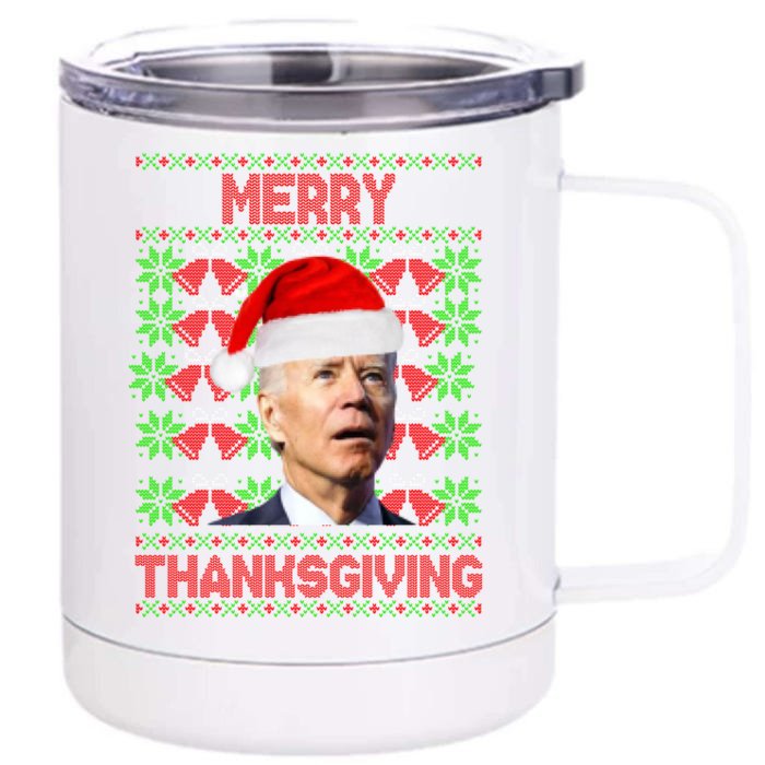 Merry Thanksgiving Funny Biden Ugly Christmas Front & Back 12oz Stainless Steel Tumbler Cup