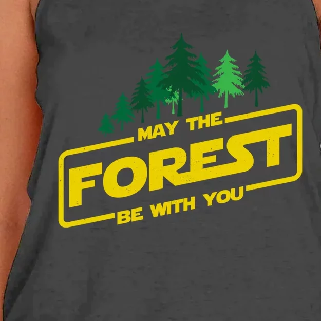 May The Forest Be With You Funny Earth Day Camping Space Pun Women's Knotted Racerback Tank