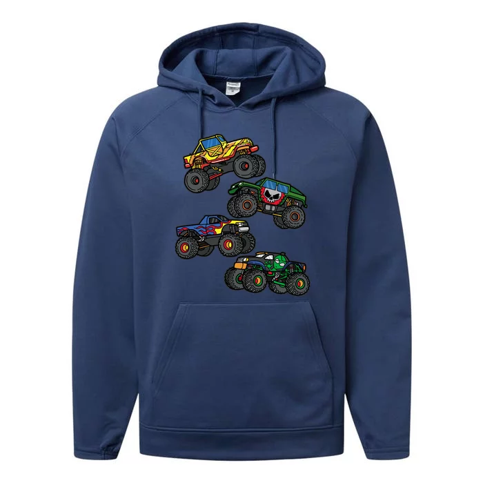 Monster Truck Funny Gift For Gift Assorted Boys Monster Truck Meaningful Gift Performance Fleece Hoodie