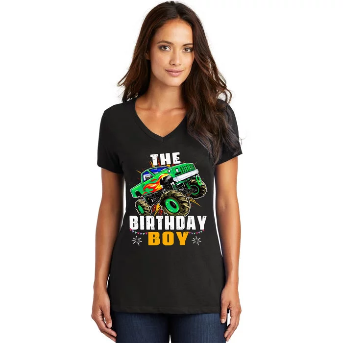 Monster Truck Family Matching The Birthday Boy Women's V-Neck T-Shirt