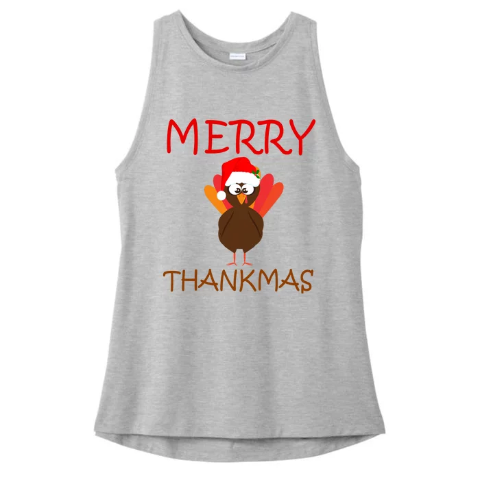 Merry Thankmas Funny Thanksgiving Turkey Ladies Tri-Blend Wicking Tank