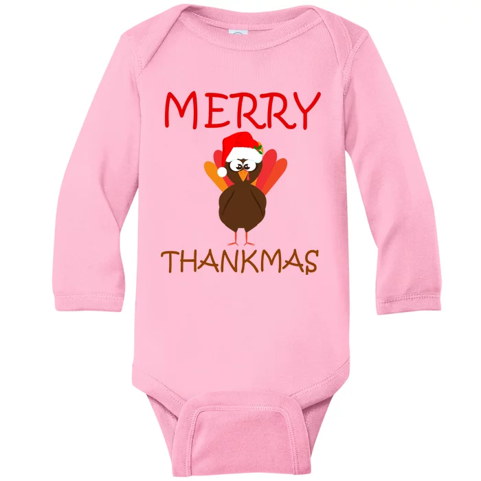 Merry Thankmas Funny Thanksgiving Turkey Baby Long Sleeve Bodysuit