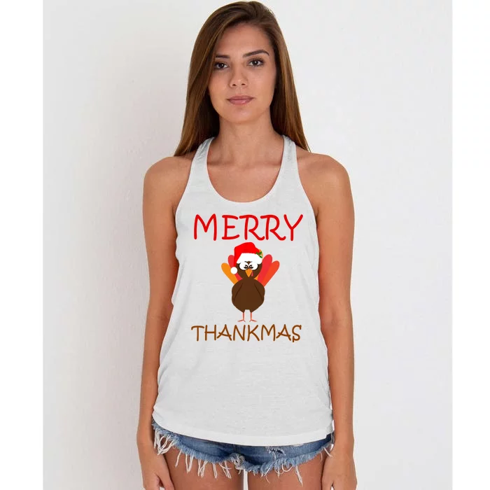 Merry Thankmas Funny Thanksgiving Turkey Women's Knotted Racerback Tank