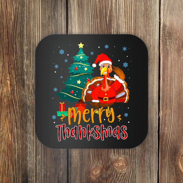 Merry Thanksmas Funny Turkey Santa Christmas Thanksgiving Coaster