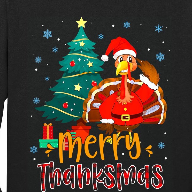 Merry Thanksmas Funny Turkey Santa Christmas Thanksgiving Tall Long Sleeve T-Shirt