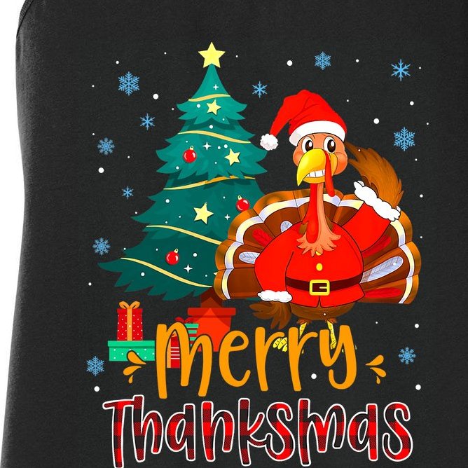 Merry Thanksmas Funny Turkey Santa Christmas Thanksgiving Women's Racerback Tank