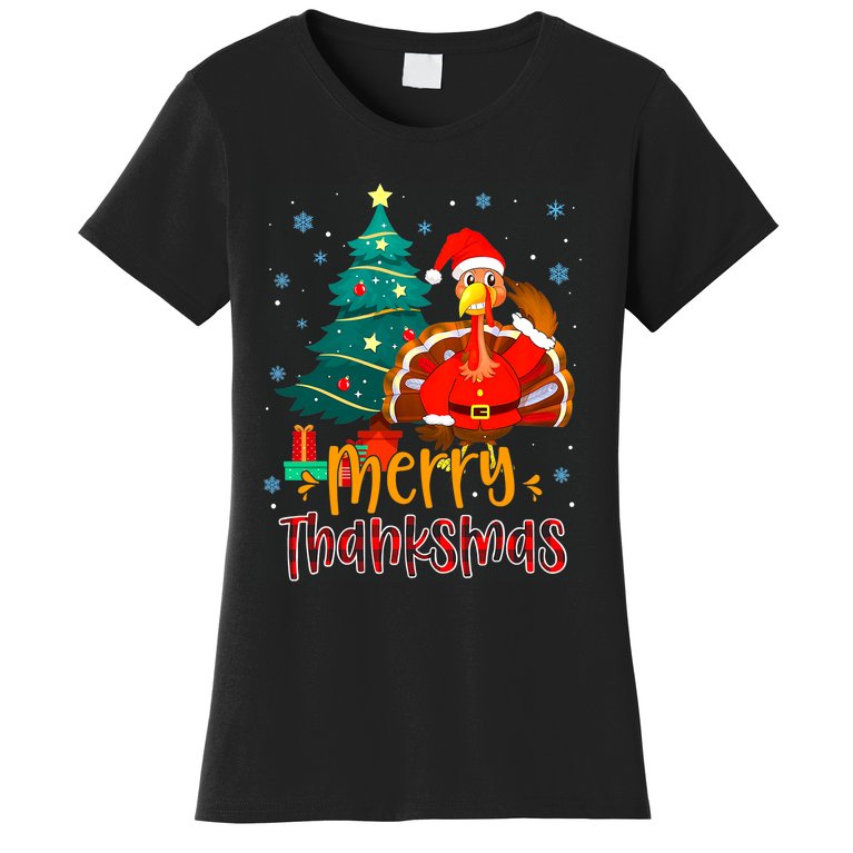 Merry Thanksmas Funny Turkey Santa Christmas Thanksgiving Women's T-Shirt