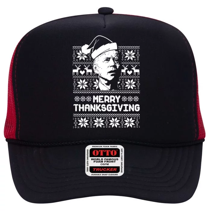 Merry Thanksgiving Funny Joe Biden Ugly Christmas High Crown Mesh Trucker Hat