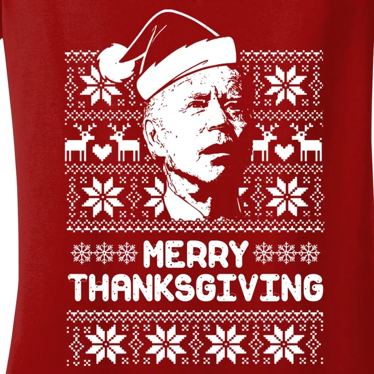 Merry Thanksgiving Funny Joe Biden Ugly Christmas Women's V-Neck T-Shirt