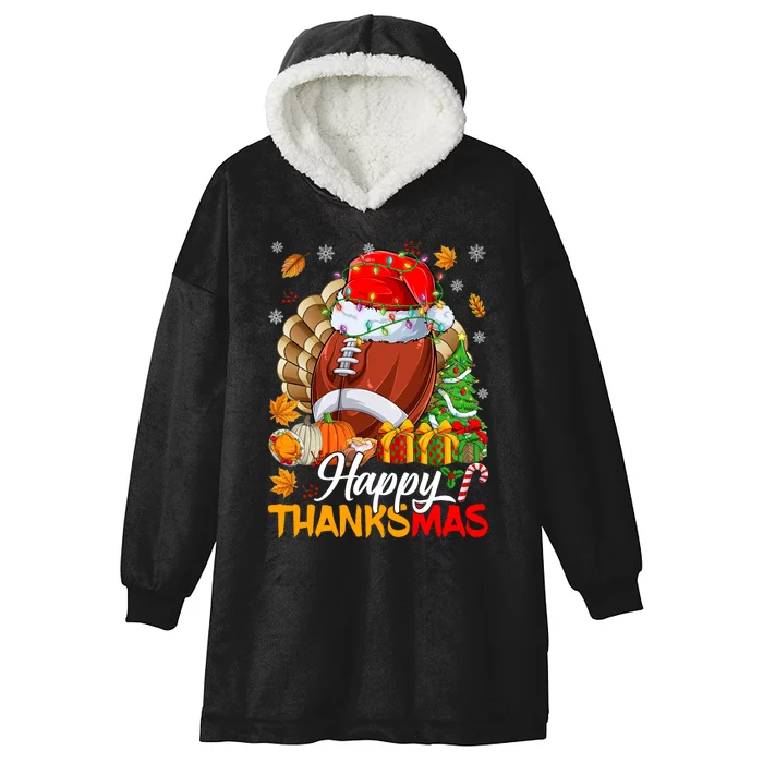 Merry Thanksmas Football Santa Hat Thanksgiving Christmas Hooded Wearable Blanket