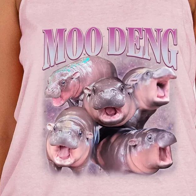 Moodeng The Famous Baby Pigmy Hippo Moodeng 5 Faces Emotional Meme Women's Knotted Racerback Tank