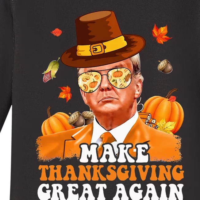 Make Thanksgiving Great Again Autumn Fall Leaves Trump Funny Baby Long Sleeve Bodysuit