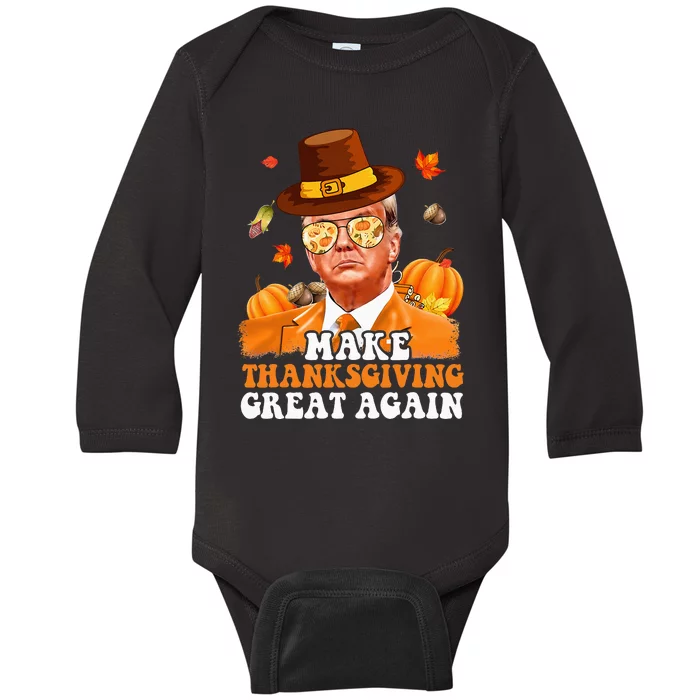 Make Thanksgiving Great Again Autumn Fall Leaves Trump Funny Baby Long Sleeve Bodysuit