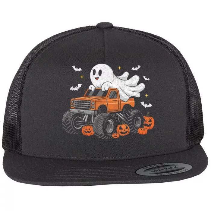 Monster Truck Ghost Pumpkin Halloween Costume Flat Bill Trucker Hat