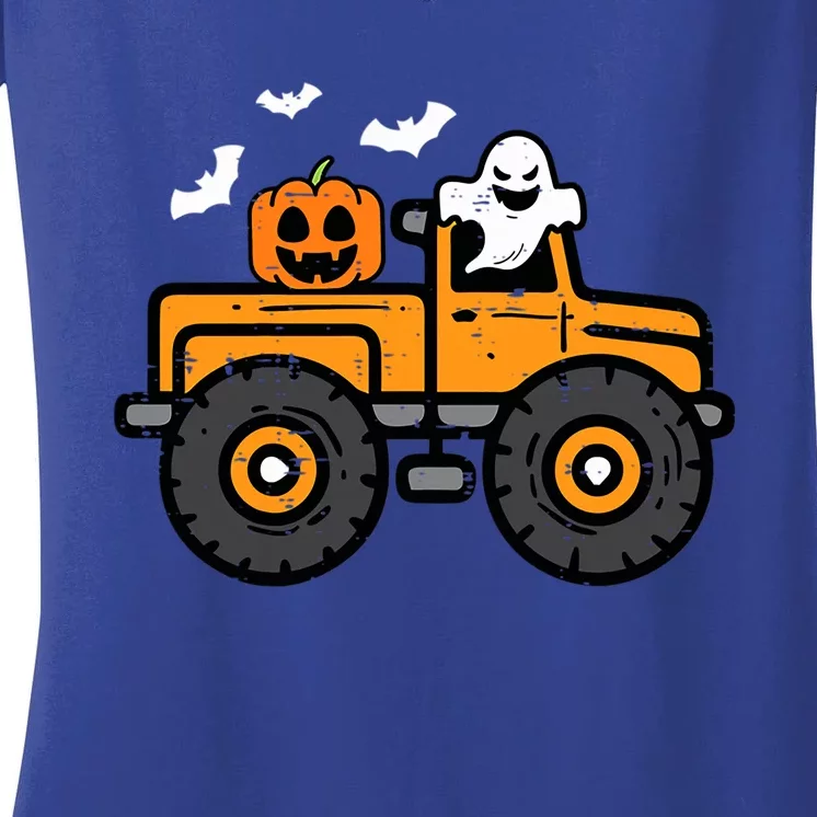 Monster Truck Ghost Pumpkin Halloween Costume Gift Women's V-Neck T-Shirt