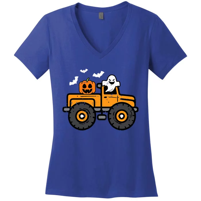 Monster Truck Ghost Pumpkin Halloween Costume Gift Women's V-Neck T-Shirt