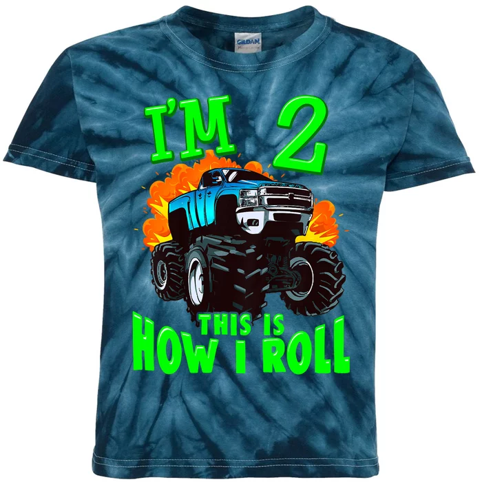 Monster Truck Girl Boy Im 2 This Is How I Roll Kids Tie-Dye T-Shirt