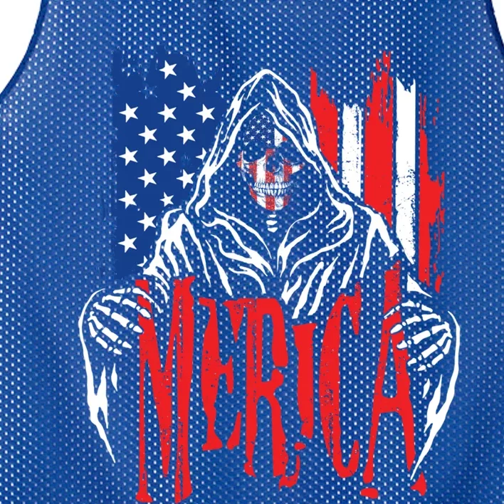 Merica The Grim Reaper Skull American Flag 4th Of July Gift Mesh Reversible Basketball Jersey Tank