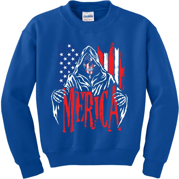 Merica The Grim Reaper Skull American Flag 4th Of July Gift Kids Sweatshirt