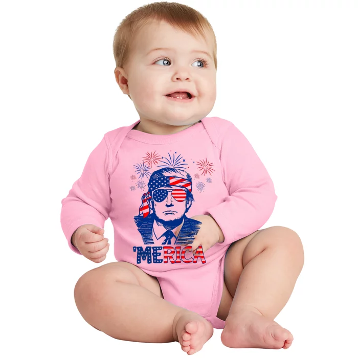 Merica Trump Happy 4th Of July Trump American Flag Baby Long Sleeve Bodysuit