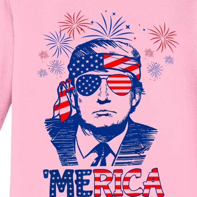 Merica Trump Happy 4th Of July Trump American Flag Baby Long Sleeve Bodysuit