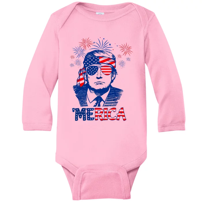 Merica Trump Happy 4th Of July Trump American Flag Baby Long Sleeve Bodysuit