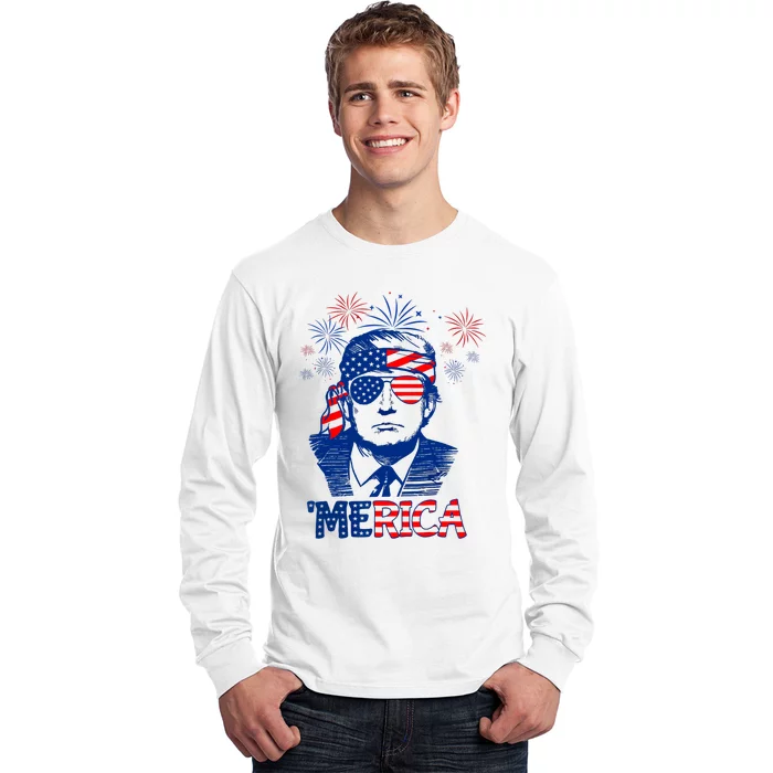 Merica Trump Happy 4th Of July Trump American Flag Long Sleeve Shirt