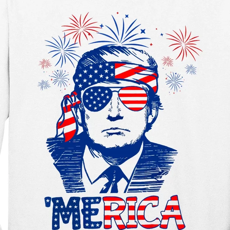 Merica Trump Happy 4th Of July Trump American Flag Long Sleeve Shirt