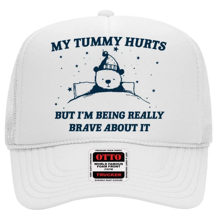 My Tummy Hurts Funny Bear Retro Cartoon Meme High Crown Mesh Trucker Hat